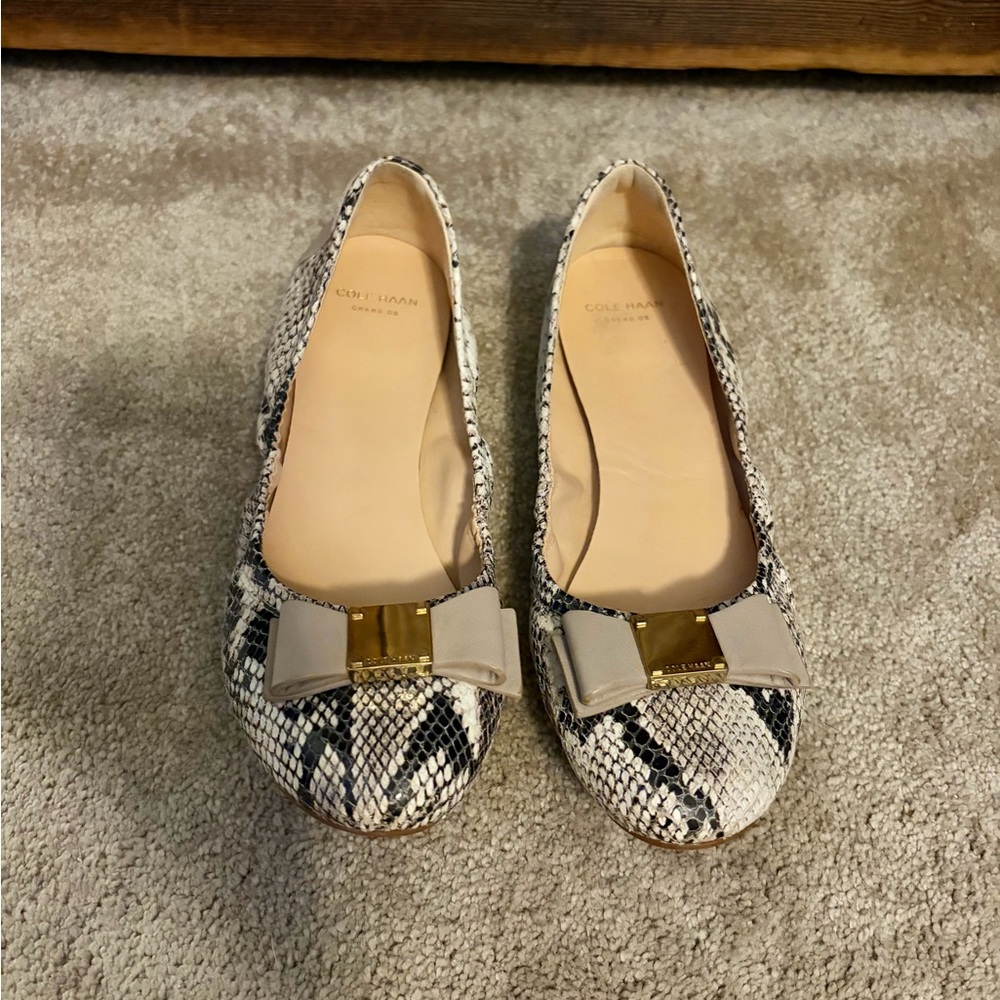 Cole Haan Beige & Black Snake-Print Bow Flats